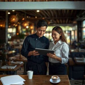 เชฟที่ปรึกษาและเจ้าของร้านอาหารกำลังยิ้มอย่างภาคภูมิใจขณะดูกราฟยอดขายที่เติบโตขึ้นในแท็บเล็ต