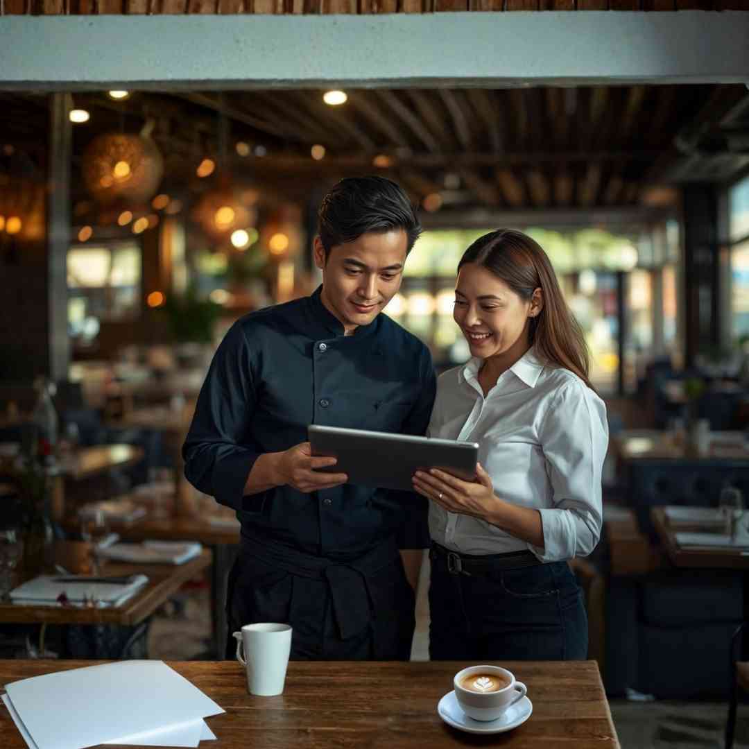 เชฟที่ปรึกษาและเจ้าของร้านอาหารกำลังยิ้มอย่างภาคภูมิใจขณะดูกราฟยอดขายที่เติบโตขึ้นในแท็บเล็ต