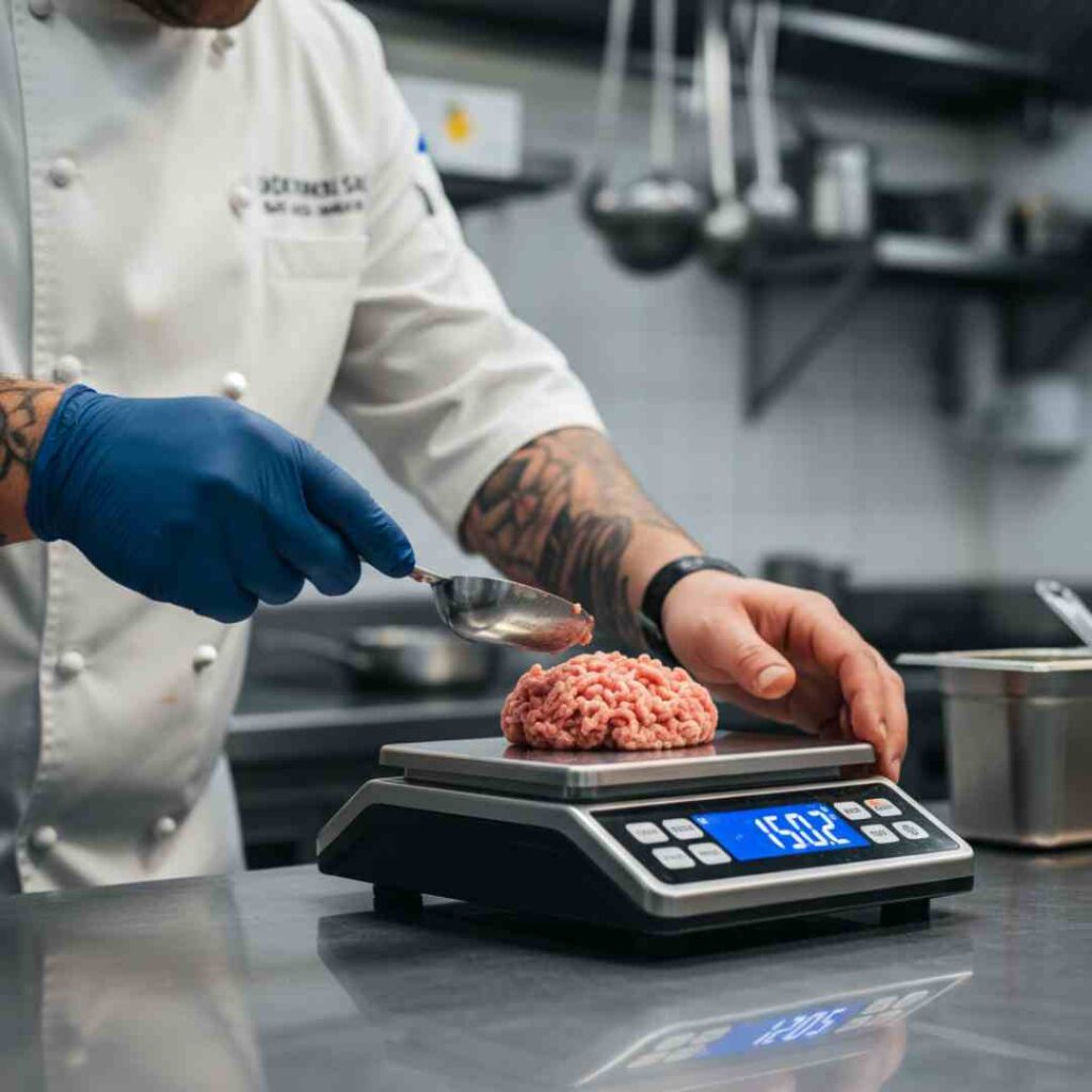 เชฟกำลังใช้ตาชั่งดิจิทัลชั่งน้ำหนักวัตถุดิบ เป็นการทำ Portion Control เพื่อควบคุมต้นทุนร้านอาหาร