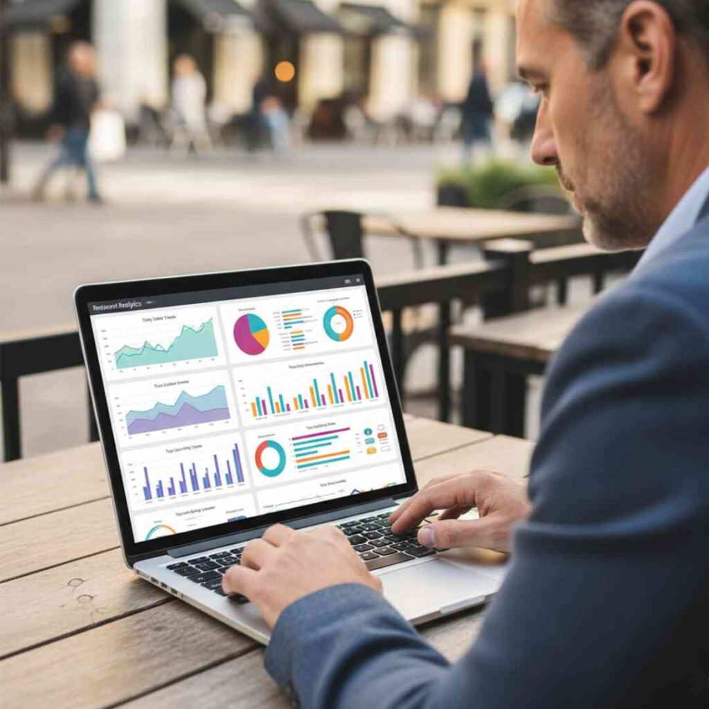 เจ้าของร้านกำลังวิเคราะห์ข้อมูลและตัวเลขสำคัญของร้านอาหารผ่านคอมพิวเตอร์ เพื่อการตัดสินใจทางธุรกิจที่แม่นยำ ภาพเทคโนโลยีสำคัญในร้านอาหาร เช่น ระบบ POS สำหรับดูข้อมูล และ KDS สำหรับจัดการออเดอร์ ซึ่งช่วยในการบริหารร้านจากระยะไกล