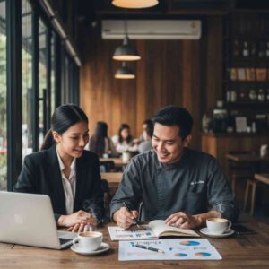 เชฟที่ปรึกษากำลังวางแผนและอธิบายกลยุทธ์การปรับปรุงเมนูให้เจ้าของร้านอาหารฟังอย่างเป็นกันเอง เพื่อแก้ปัญหาธุรกิจ