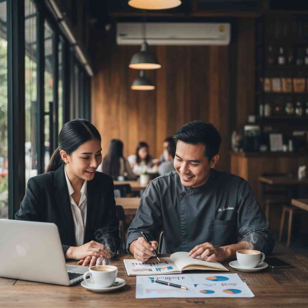 เชฟที่ปรึกษากำลังวางแผนและอธิบายกลยุทธ์การปรับปรุงเมนูให้เจ้าของร้านอาหารฟังอย่างเป็นกันเอง เพื่อแก้ปัญหาธุรกิจ