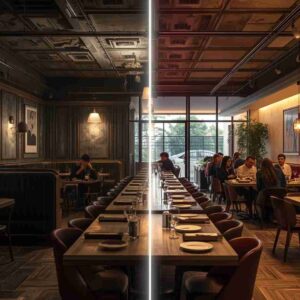 ภาพเปรียบเทียบก่อนและหลังการรีแบรนด์ร้านอาหาร จากร้านที่เงียบเหงากลายเป็นร้านที่ทันสมัยและเต็มไปด้วยลูกค้า