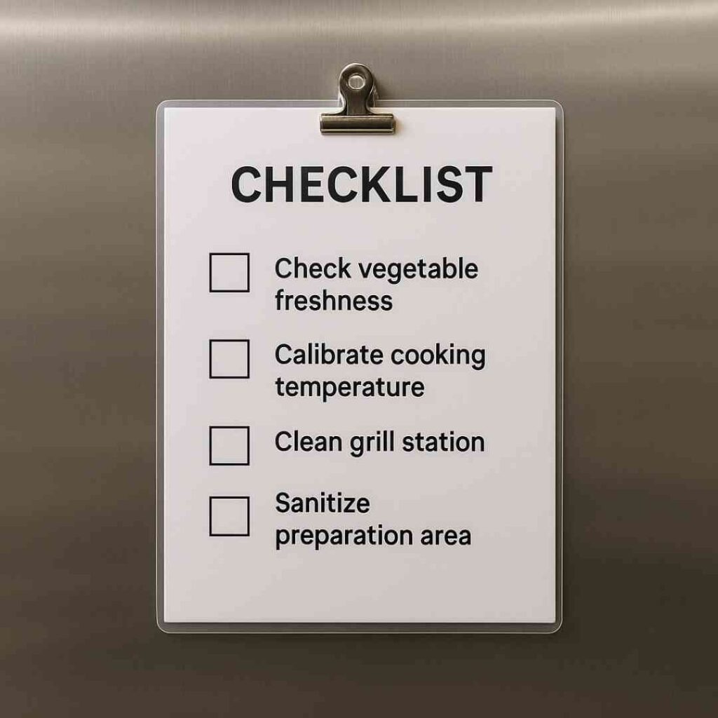 เช็คลิสต์ SOP ในครัวร้านอาหารที่เป็นระเบียบ แสดงถึงการสร้างระบบเพื่อให้ได้มาตรฐานเดียวกันและลดความผิดพลาด