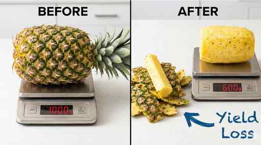 รูปภาพเปรียบเทียบน้ำหนักสับปะรดก่อนและหลังปอกเปลือก เพื่ออธิบายแนวคิดของ Yield Loss ในการคำนวณต้นทุนวัตถุดิบ