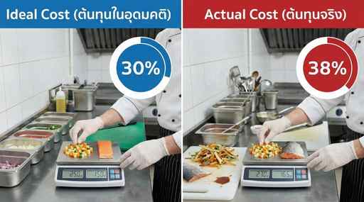 Ideal Food Cost (ต้นทุนในอุดมคติ) นี่คือต้นทุนตามทฤษฎี หรือต้นทุนที่ควรจะเป็นในโลกที่สมบูรณ์แบบที่ **ไม่มีของเสีย, ไม่มีการตักพลาด, ไม่มีการทำออเดอร์ผิด, และไม่มีของหาย** เลยแม้แต่น้อย ### **Actual Food Cost (ต้นทุนที่เกิดขึ้นจริง)** นี่คือต้นทุนที่เกิดขึ้นจริงในโลกแห่งความเป็นจริง ซึ่งรวมผลของปัญหาทุกอย่างไว้ด้วยกัน ไม่ว่าจะเป็นผักที่เน่าเสีย, เนื้อที่ถูกตัดทิ้ง, พนักงานทำหก, หรือสต็อกที่หายไป