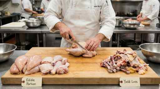 รูปภาพเปรียบเทียบส่วนที่ใช้ได้จริง กับส่วนที่ใช้ไม่ได้ต้องทิ้ง ของเนื้อไก่ เพื่ออธิบายแนวคิดของ Yield Loss ในการคำนวณต้นทุนวัตถุดิบ