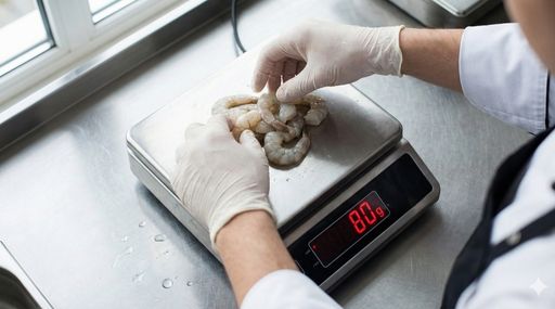 ชั่งปริมาณกุ้งเพื่อหาต้นทุนของวัตถุดิบแต่ละอย่างตาม "ปริมาณที่ใช้จริง" ใน 1 จาน